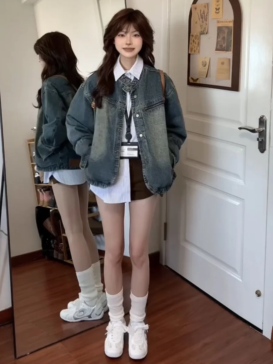 سترات دينم للسيدات للنساء متوسطة لامعة رعاة البقر يؤرخ جلد مطابقة المدرسة البديلة سايبر سبليت معطف الشارع البرتقالي البضائع #4