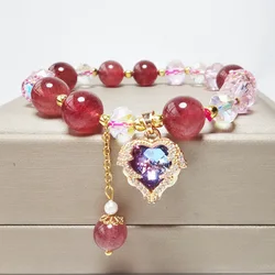 Natural Strawberry Crystal Bracelets Women's Fashion High End Light Luxury Love Pendant Beaded Bracelet Party Jewelry Gifts