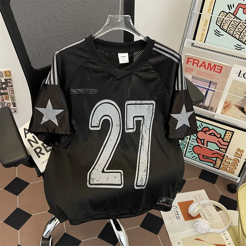 

Loose Fit American Sle Me oulder Patchwork V-Ne ort Sve T-irt ex Letter Print Spor Hip Hop Baseball Jers...