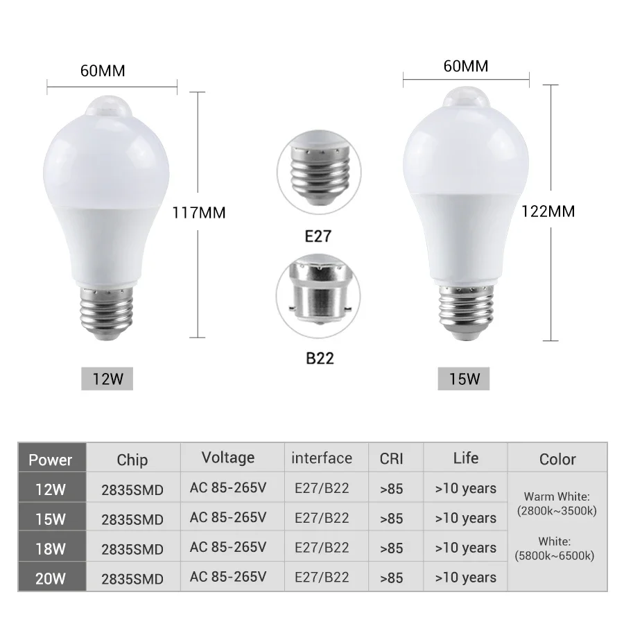 Motion Sensor B22 E27 LED Bulb 85-265V 12W 15W 18W 20W PIR Sensor LED Lamp Auto ON/OFF for Stairs Porch Garage Security Lighting