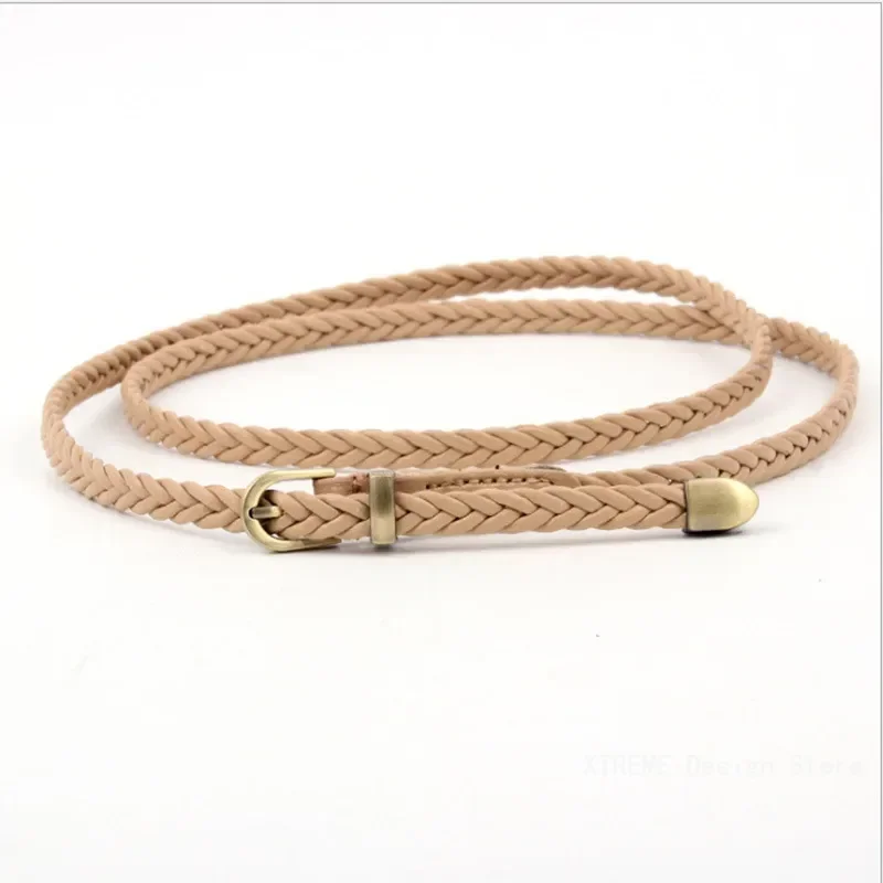 102CM Braided Leather Belt Women Thin Waist Belt Black Red White Pink Ladies Pu Leather Strap Pin Bucklet Female Belts