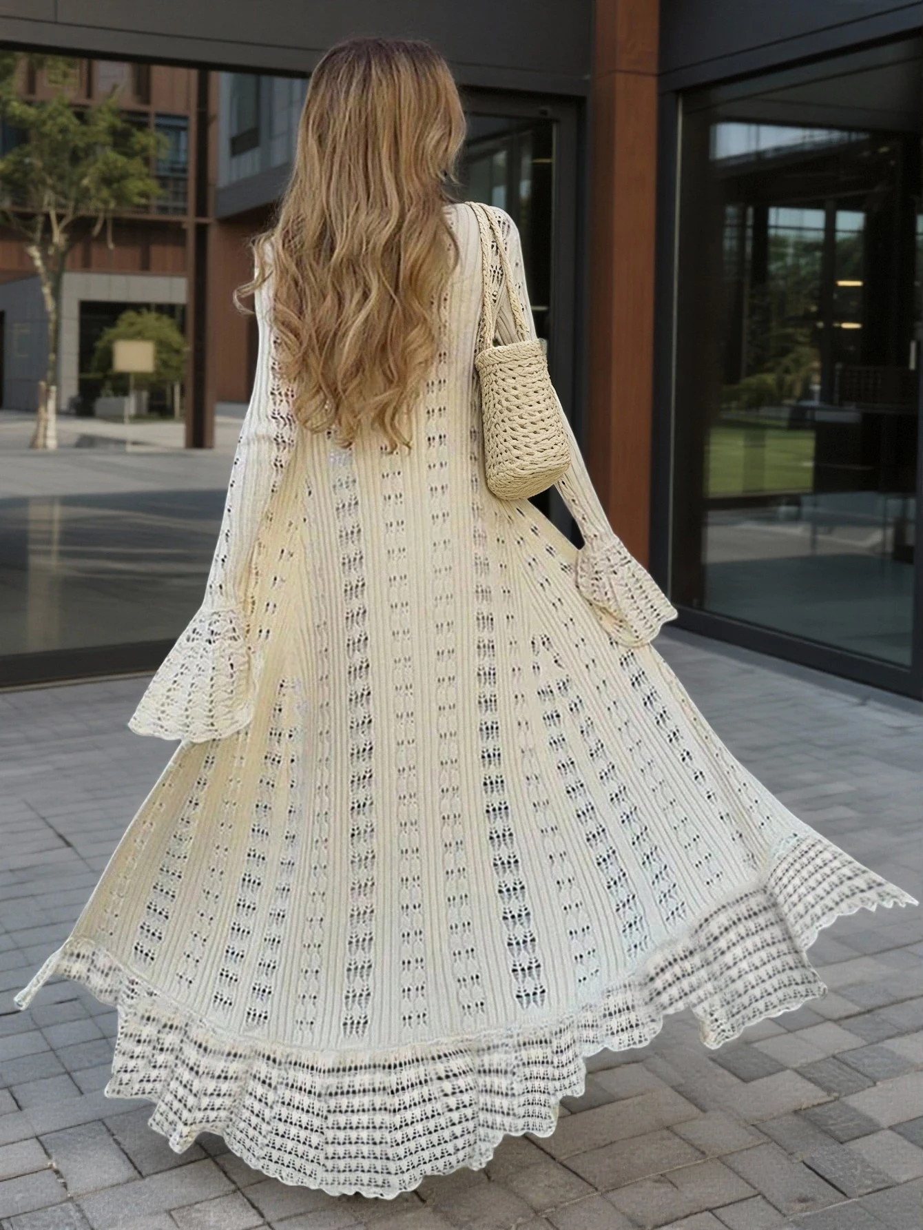 

Cream Knit V-Neck Long Sleeve Bohemian Maxi Dress with Flare Sleeves and Lace Trim