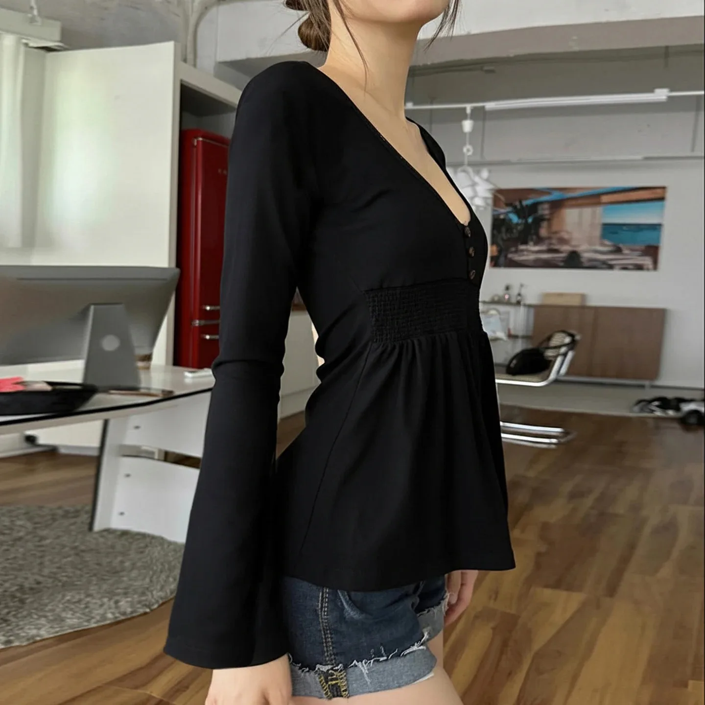 Camisa Feminina com Detalhes em Renda e Botões, Mangas Largadas, Top de Tricô Casual com Decote em V, Estilo Y2K, Roupas de Outono Fairycore