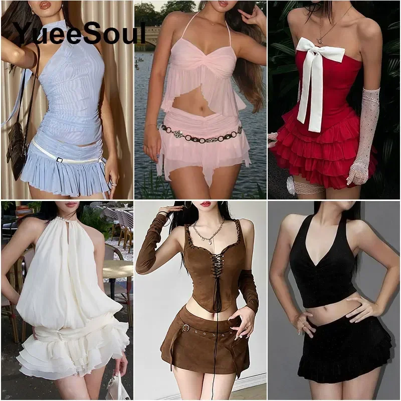 Sets for Women 2 Pieces Crop Tops Mini Skirts Y2K Outfit 2025 New Sweet Cute High Street Sexy Party Beach Women's Two Pieces Set