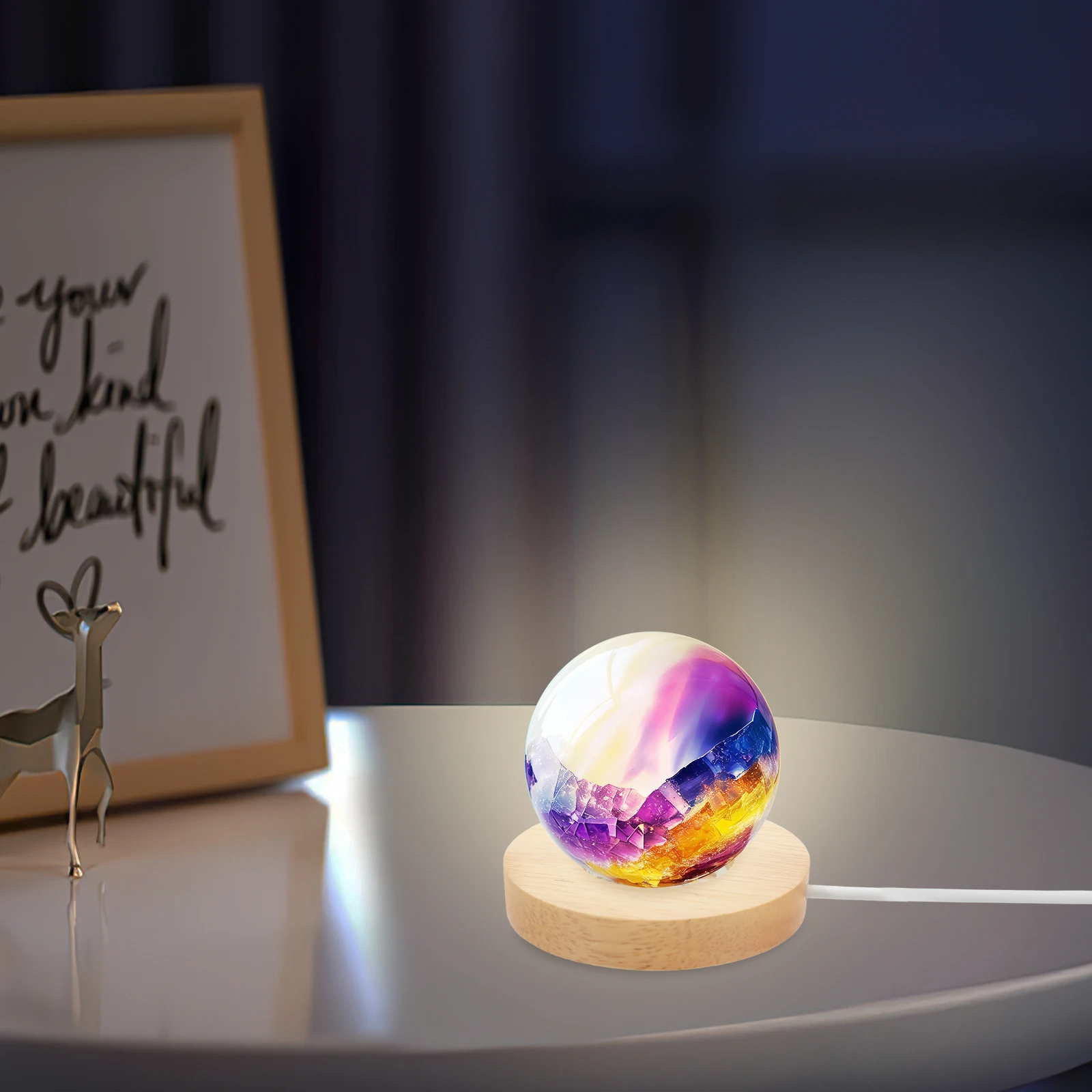 

Wood Round LED Light Base USB Powered Night Lamp Stand Wooden Crystal Ball Display Base Lighted Stand for Glass Art