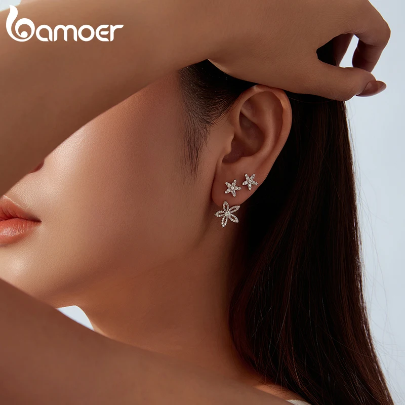 BAMOER Full Moissanite Flower Stud Earrings Detachable Front & Back Ear Jackets Reversible Double Studs for Young Girl Jewelry