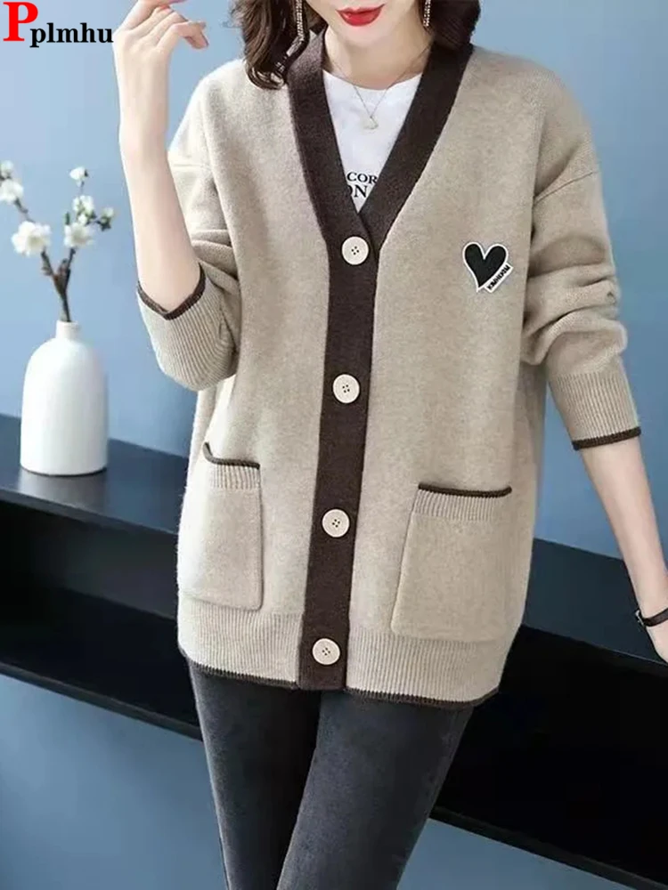 Cárdigan de punto de longitud media coreano para mujer, chaquetas de punto sueltas informales, suéter elegante, chaleco suave, Casaco Malhas, Otoño