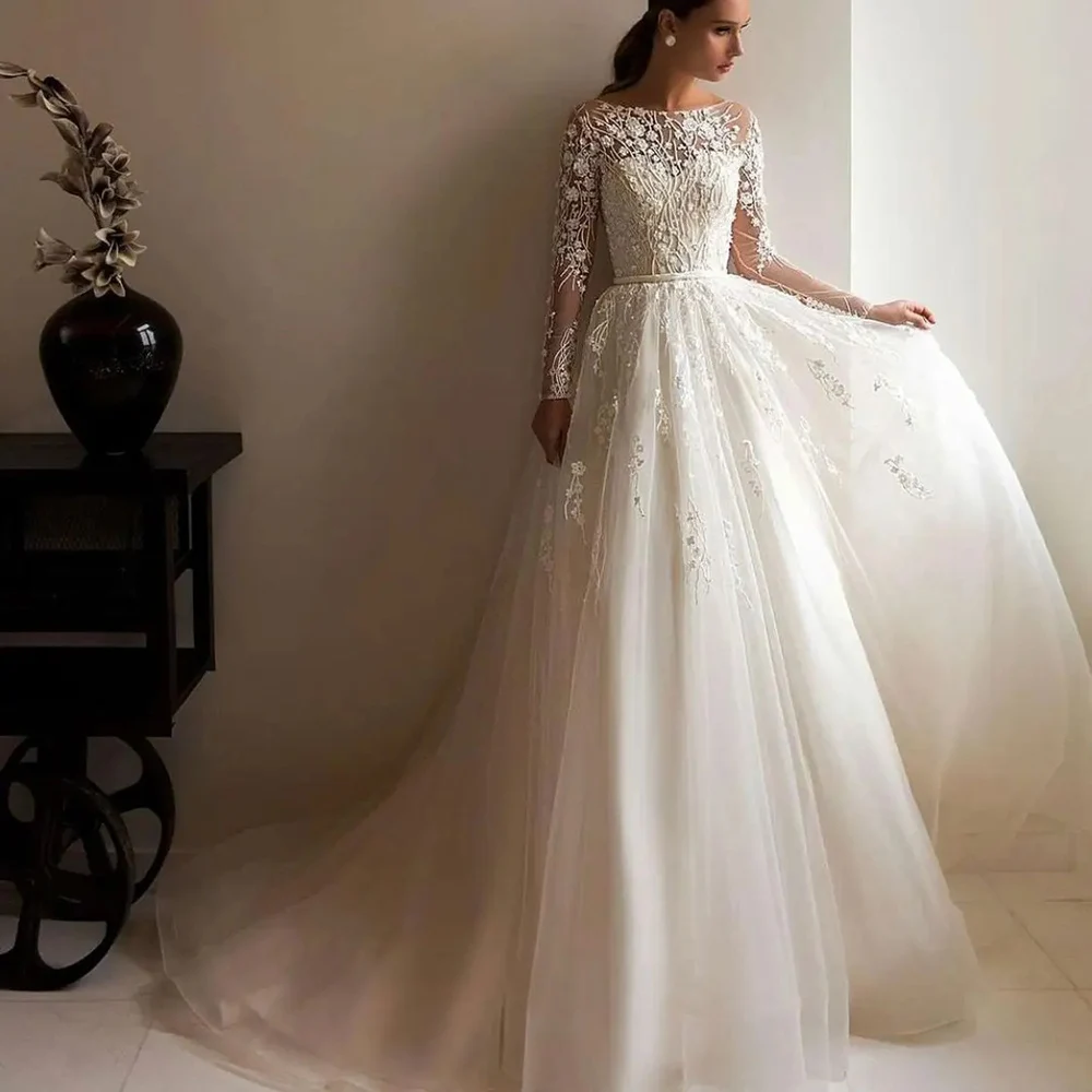 Elegant A Line Bridal Gowns 2024 O-Neck Long Sleeve Lace Sash Wedding Dress Customized High Quality Princess Bride Dresses