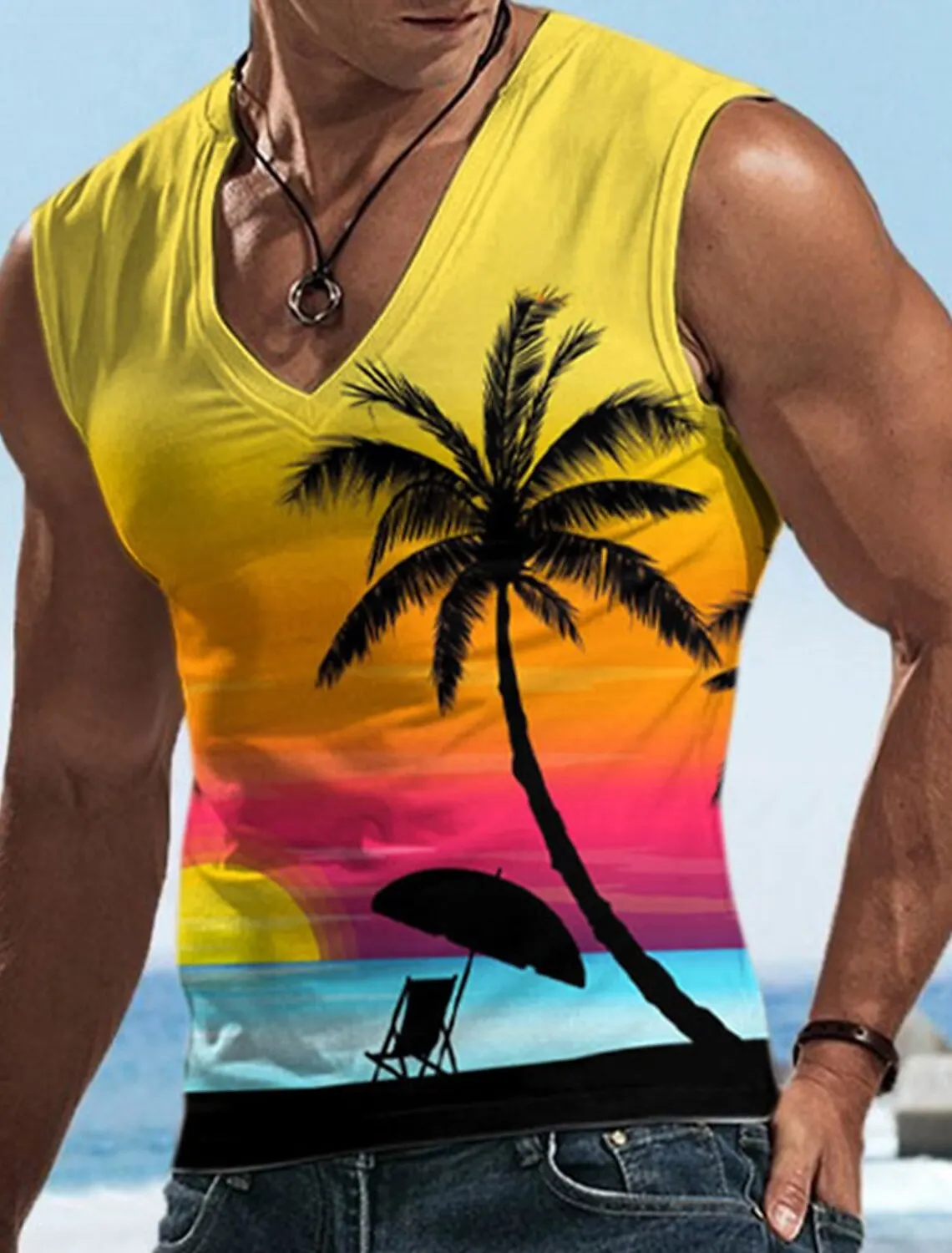 Men\'s Coconut Tree Print Sleeveless Hawaiian Tank Top Casual Beach Tank Top O Neck Shirt Mens Fitness Clothing Bodybuilding 2023