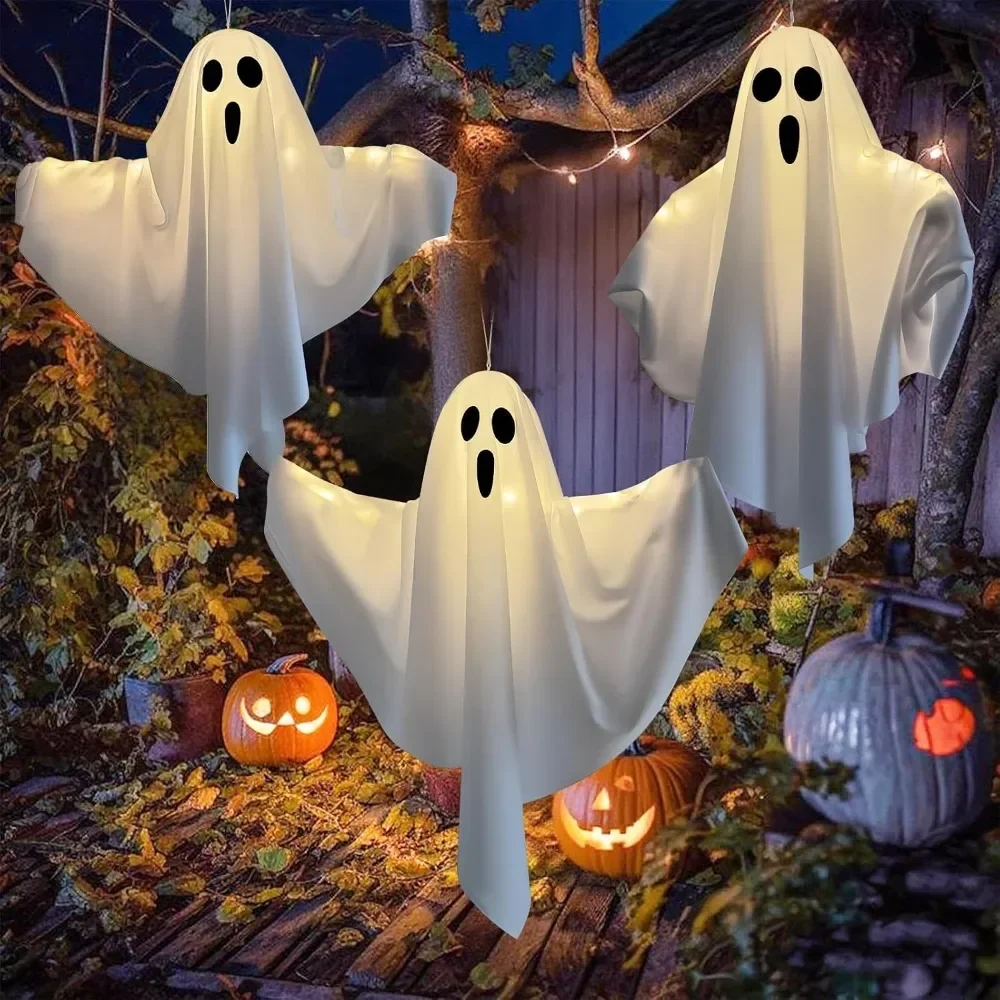 Halloween Glowing White Ghost LED Hanging Ghosts Horror Props with Fairy Light Indoor Outdoor Haunted House Halloween Decoration