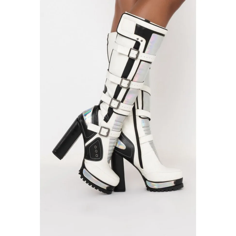 Punk Style Bling Mixed Colors Round Toe Knee-High Platform Women Boots Chunky High Heels Zipper Design Large Size Shoes