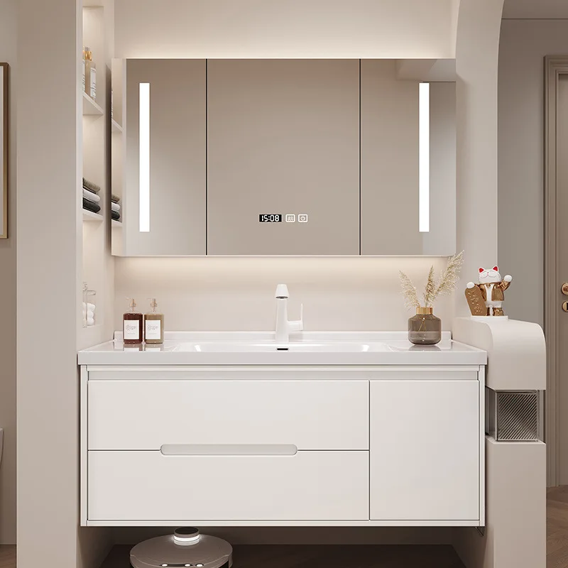 

Oak bathroom cabinet, toilet, cream hand wash basin combination