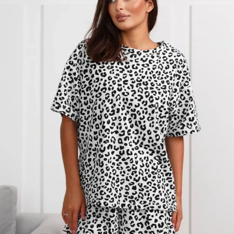 بيجامة نسائية جديدة على الطراز الأمريكي بطبعة الفهد، نمط الفهد المطبوع، ملابس نوم كاجوال للفتيات مقاس كبير ملابس منزلية Se #6