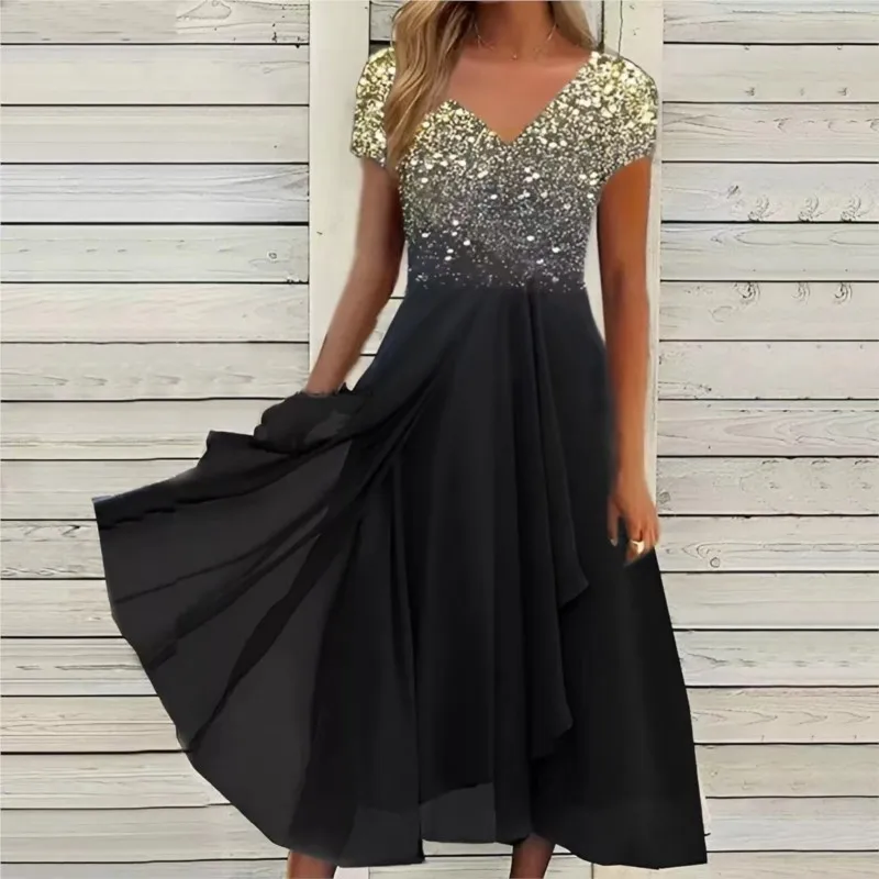2025 Summer Women Dress V Neck Urban Casual Fashion Chiffon Splicing Dresses A Line Temperament Elegant Short Sleeves Vestidos