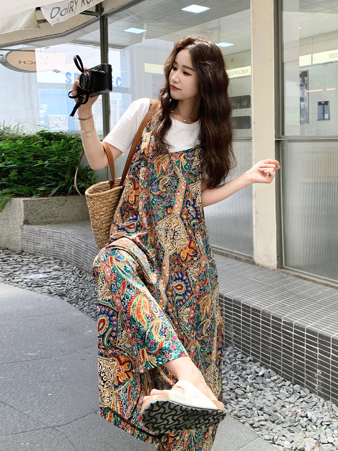 

Широкий комбинезон с принтом, женские летние модные молодежные повседневные пляжные брюки, длинные брюки с высокой талией, тонкая ткань