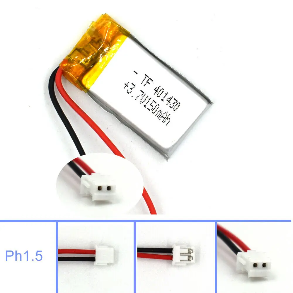 3.7V 150mAh Lipolymer 401430 with 2Pin JST Plug Battery Rechargeable Cell for Lamp Led Navi GPS MP3 Recorder