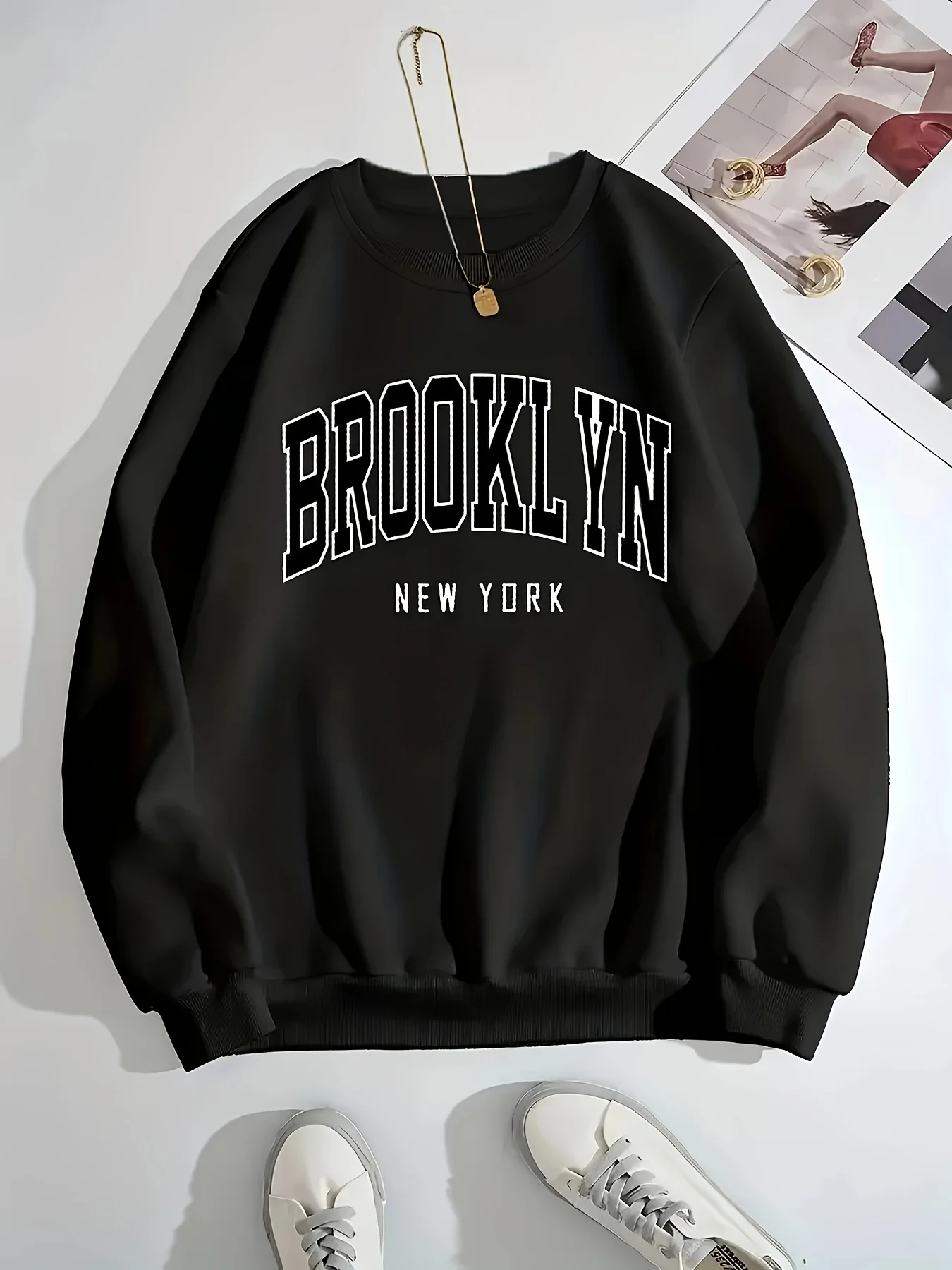 Plus Size 2025 Women's Casual BROOKLYN Print Pullover Sweatshirt Long Sleeve Round Neck Regular Fit Autumn Winter Women Clothing image 2