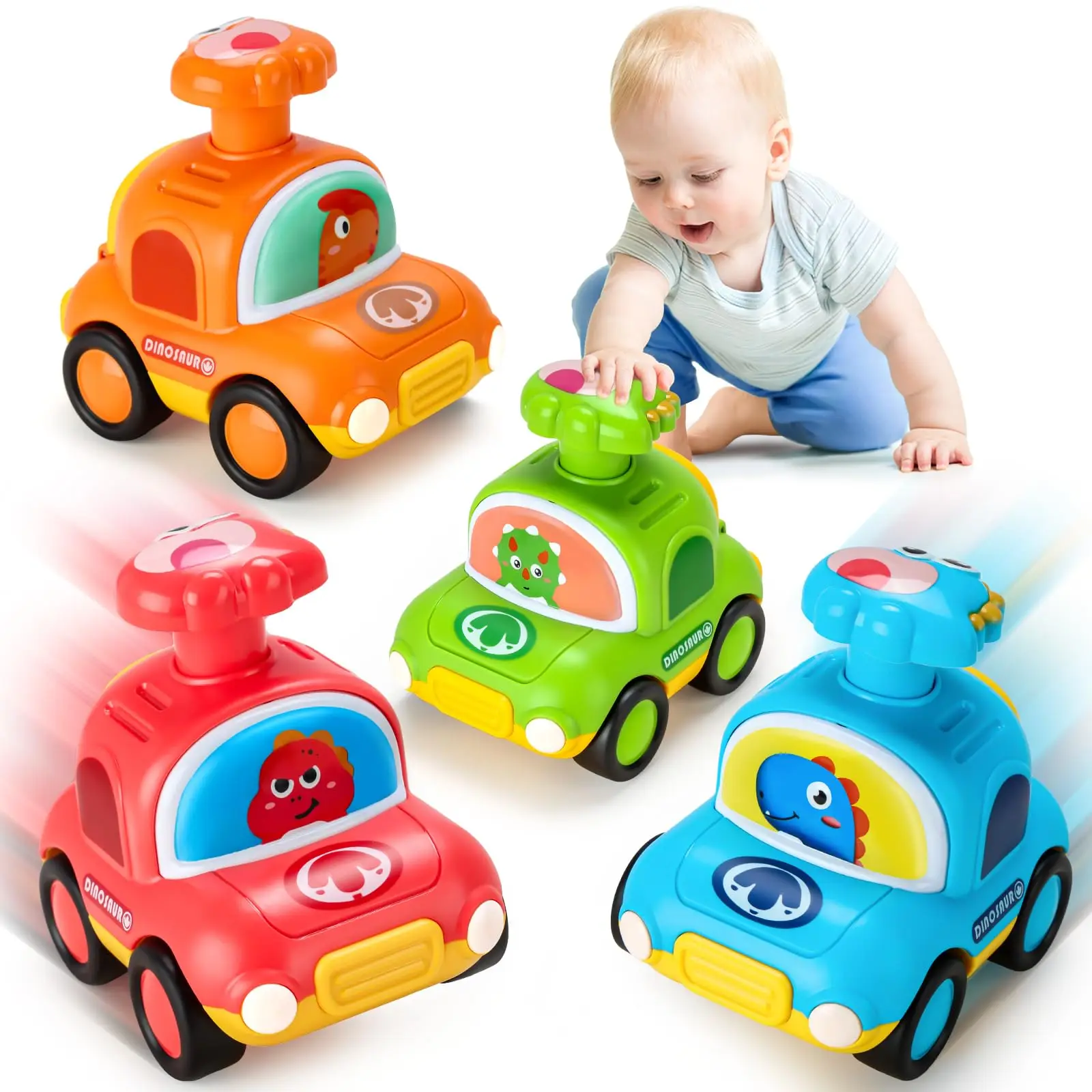 プレスゴー恐竜おもちゃタクシー車、18ヶ月以上向け、幼児用プッシュゴープレイビークル、プルバック摩擦車、イースターバスケット詰め物