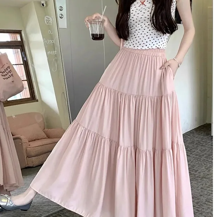 

2025 Summer New Gentle Sle Ice Silk A-Line Skirt Women's Flowing High Waist Princ Fairy Cake Skirt Casual Versatile