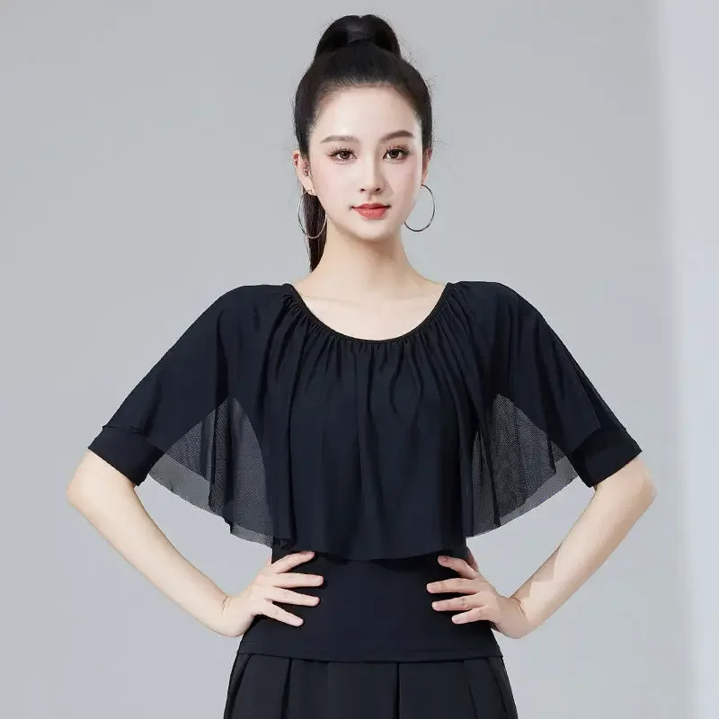 

Women Latin Dance Tops Practice Wear Summer Short-sleeved Training Performance Shirt Cha Cha Samba Dance Ruffle Ballroom Tops