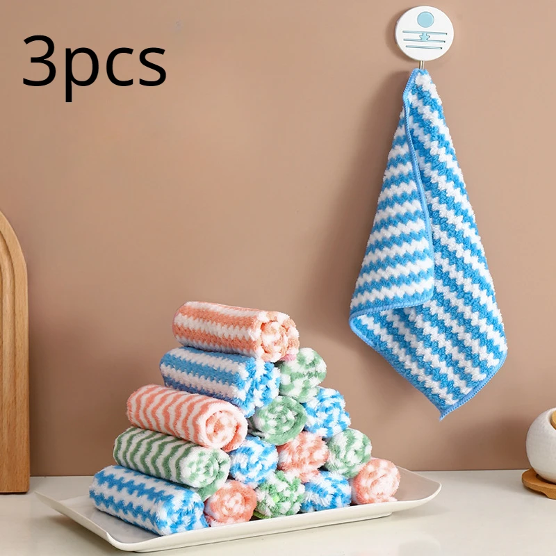 3 Pcs Coral Velvet Wavy Rag Kitchen Absorbent Dishwashing Cleaning Cloth Cationic Thickened Cleaning Cloth Kichen Accessories