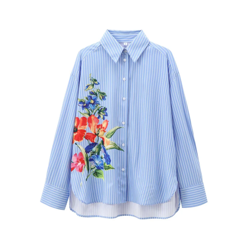 เสื้อทรงหลวมของผู้หญิงมีปกแขนยาวติดกระดุมลายดอกไม้พิมพ์ลายฤดูใบไม้ผลิและฤดูร้อนเสื้อแฟชั่นใหม่