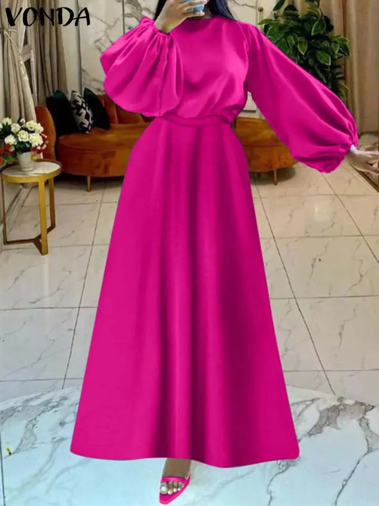 VONDA Women Elegant Satin Dress 2023 Fashion Long Bat Sleeve Stand Collar Evening Pleated Maxi Sundress Casual Solid Loose Robe