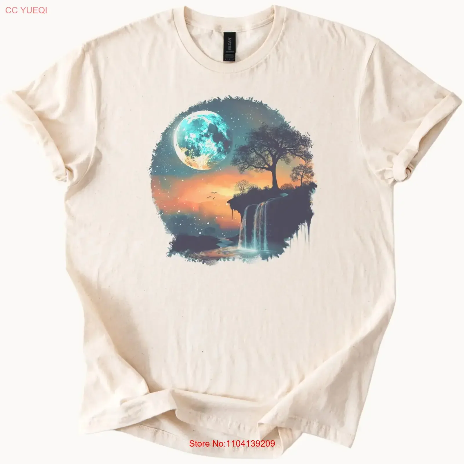Moon Waterfall T Shirt Celestial Landscape Nature Top vintage Washed Comfortable Soft Top For Everyday Wear streetwear