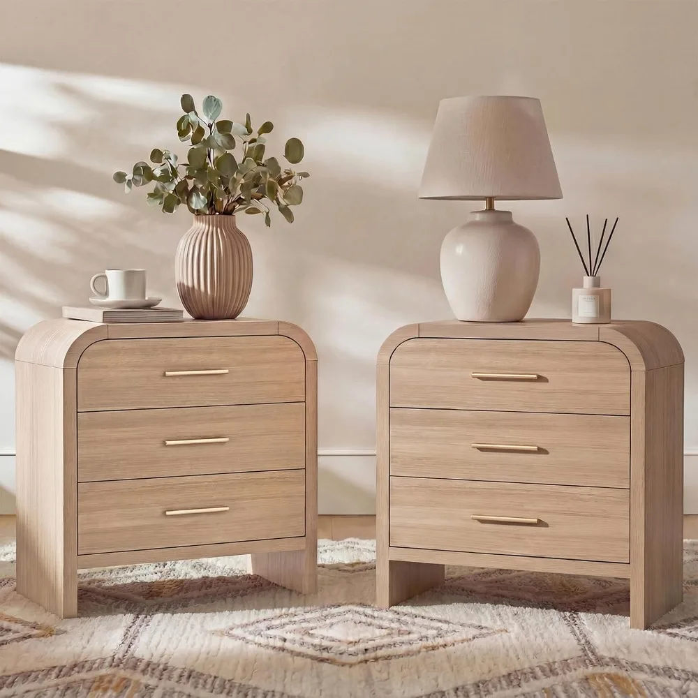 23.5" Curved Farmhouse Nightstand Set of 2 3-Drawer Bedroom End Table, Custom - view 2