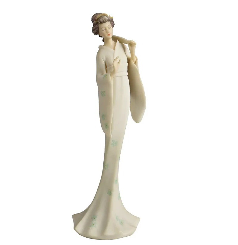 Resin Japanese Geisha Figurine Pale Floral Kimono Lady Statue Oriental Character Desktop Ornament Asian Style Home Room Decor