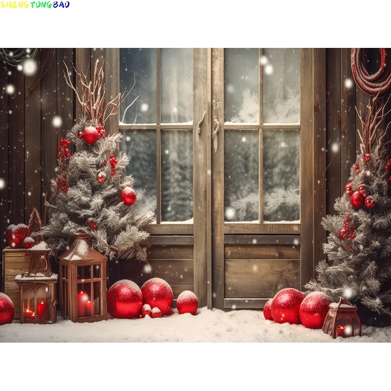 Christmas Tree With Gift Boxes Photography Backdrops Winter Snow Decorations Wooden Door Fireplace Room Background Props WR-17