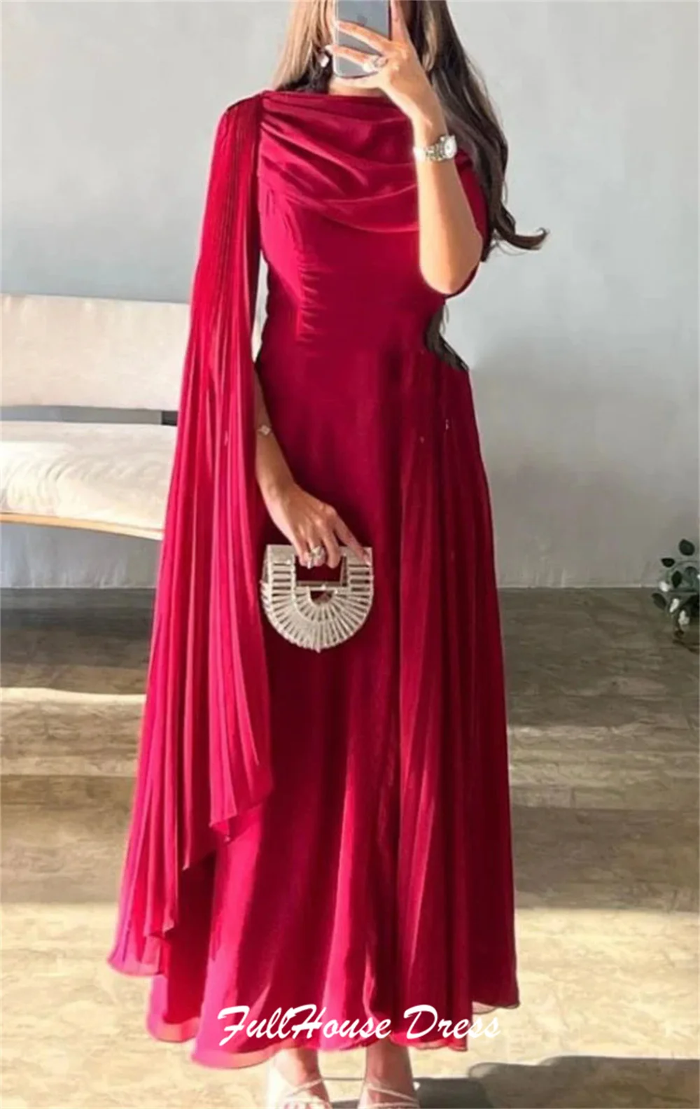 Vestido de noche acampanado fluido con cuello redondo, sencillo, personalizado, clásico, sin espalda, vestido de fiesta largo para novia, vestido de fiesta drapeado con capa