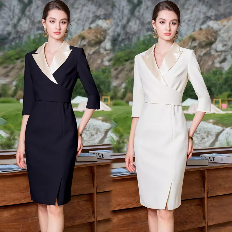 Customized Women Fashion Contrasting Color Suit Collar Professional OL Dress Slim Thin Muse Fan Front Split Hip Office Dress