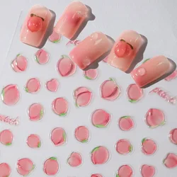 Pink Translucent Peach Jelly Texture 5D Soft Embossed Reliefs Self Adhesive Nail Art Stickers Cute Fruits 3D Manicure Decals