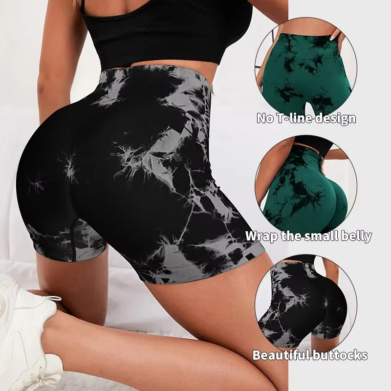 

Seamless Tie Dye Style High Waist Quick Dried Fitness Triple Pants Honey Peach Hip Lift Yoga Sports Tight Shorts