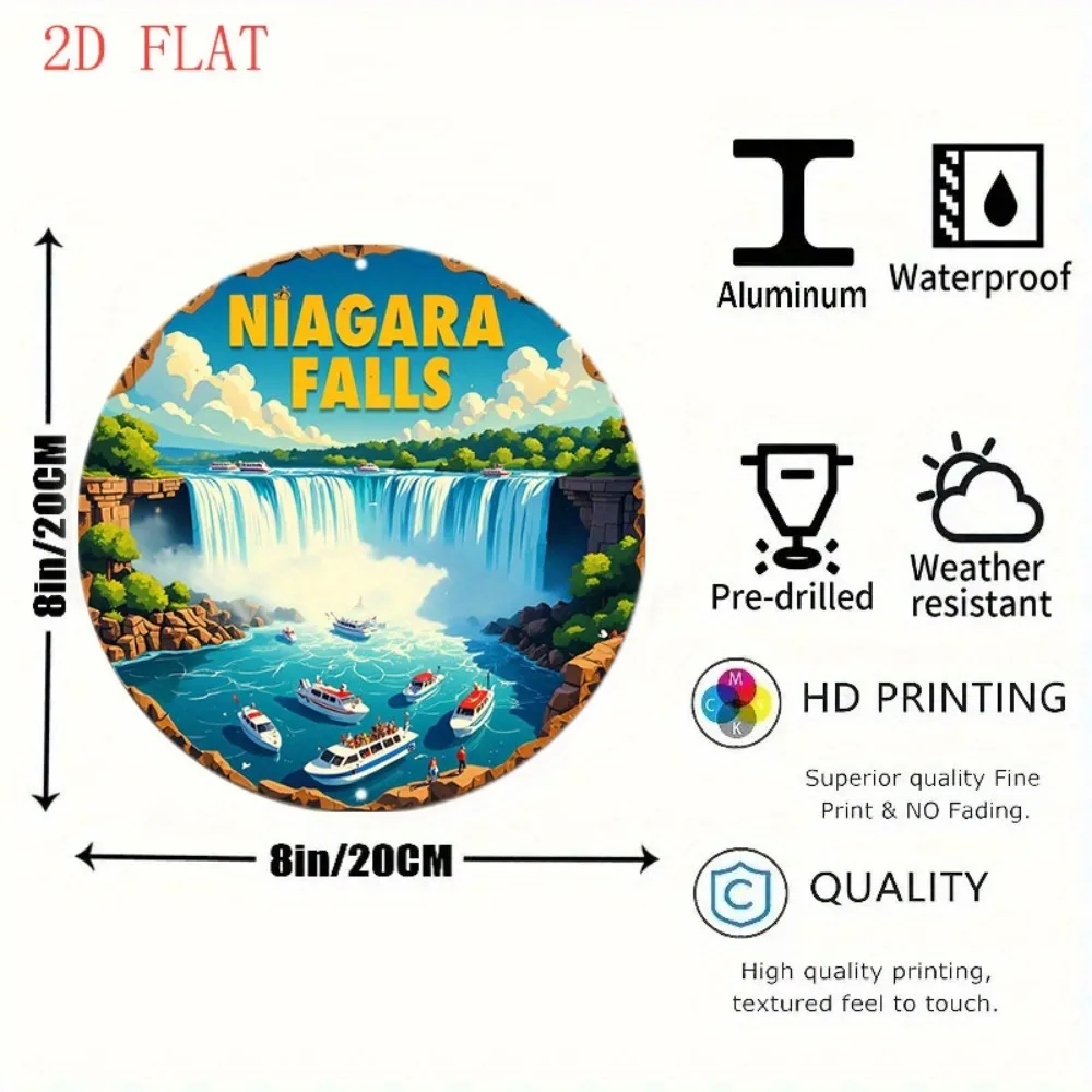 8 Inch Niagara Falls & Penalara Mountain Scenic Landscape Round Metal Wall Art Sign-Rustic Theme with Boats, River&Forest Design