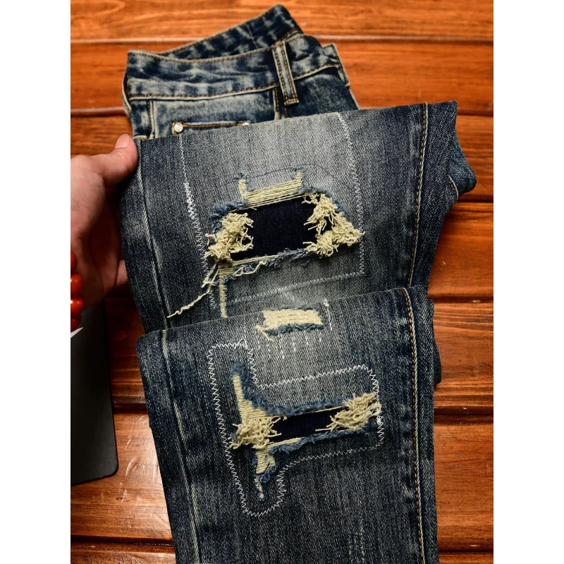 

Высококачественные потертые джинсы в стиле ретро, мужские прямые брюки с индивидуальными рваными эластичными уличными трендовыми брюками