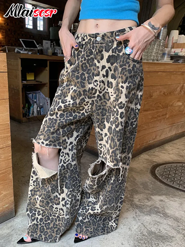

Mlaiscsr High-quality Leopard Print Jeans Women’s Denim Ripped Hole Wide Leg Straight Baggy Pants Boyfriend Birthday Streetwear