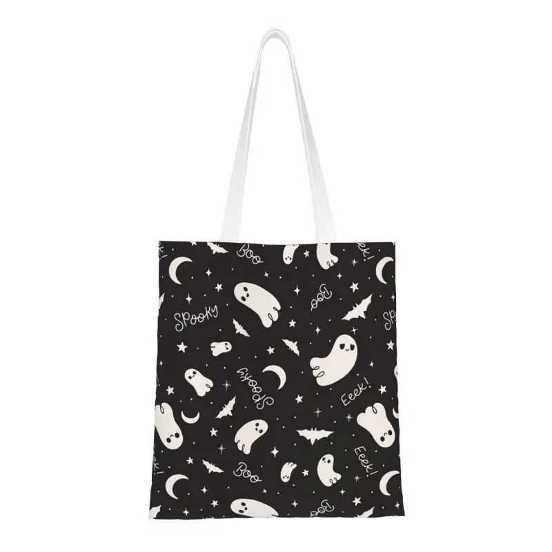 

Custom Spooky Cute Ghost Halloween Shopping Canvas Bags Women Washable Grocery Goth Occult Witch Bats Shopper Tote Bags