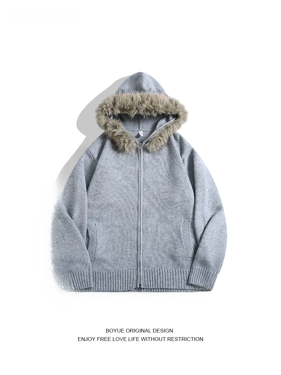 

Вязаный свитер-худи BOYUE с отстегивающимся меховым воротником, однотонный, повседневный, для мужчин и женщин, удобный, дышащий