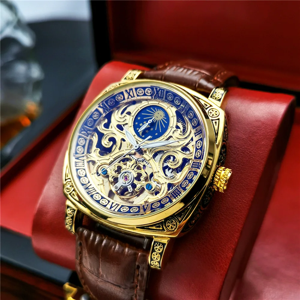 Retro Square Carved Mechanical Watches Moon Phase Tourbillon  Gold Automatic Watch for Men Casual Genuine Leather Belt AOKULASIC