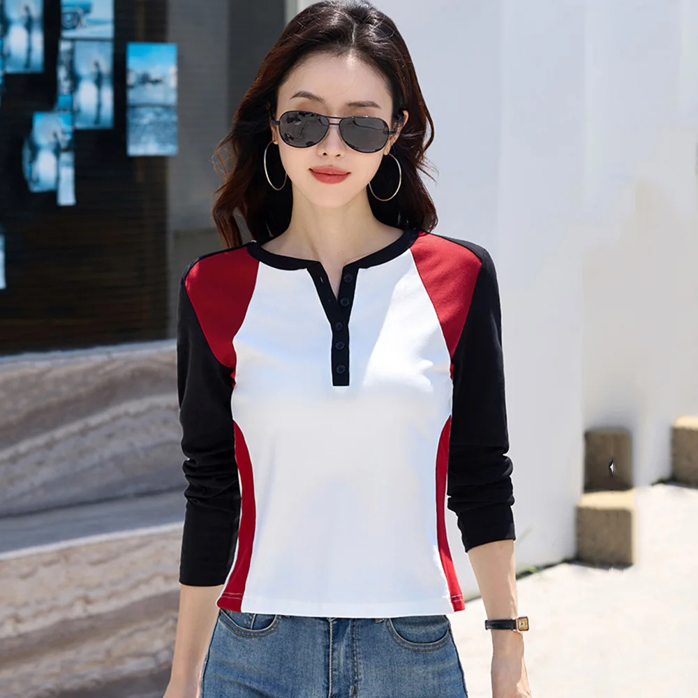 New Women Long Sleeve T-shirt Spring Autumn Fashion Contrast Color O-Neck Daily Casual T-shirt Basic Slim Pullover T-shirt