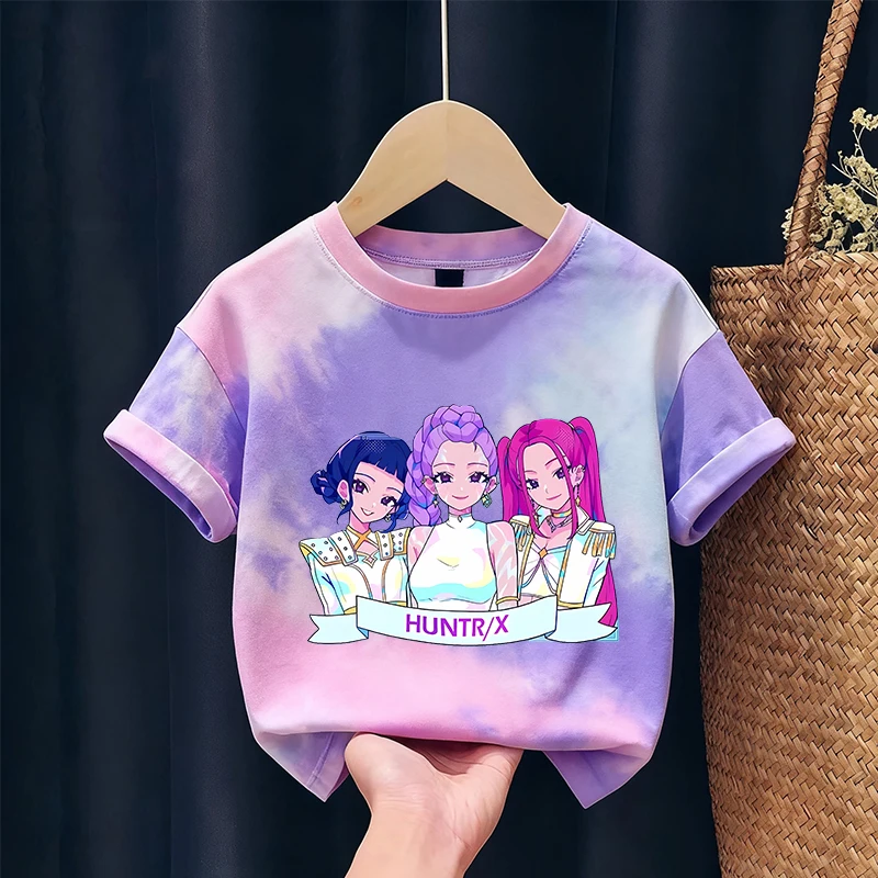 KPop Demon Hunters enfants T-shirt mignon imprimé figurines d'anime fille garçon à manches courtes enfant mode cravate colorant T-shirt maison vêtements haut cadeau
