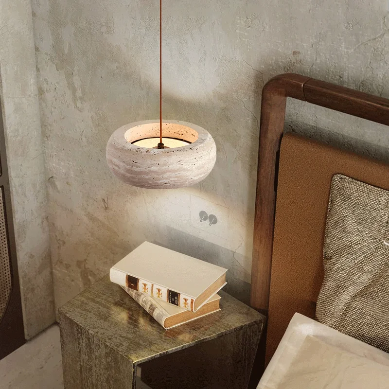 Retro Natural Stone Art Pendant Light Yellow Travertine LED Chandelier Bedroom Bedside Decoration
