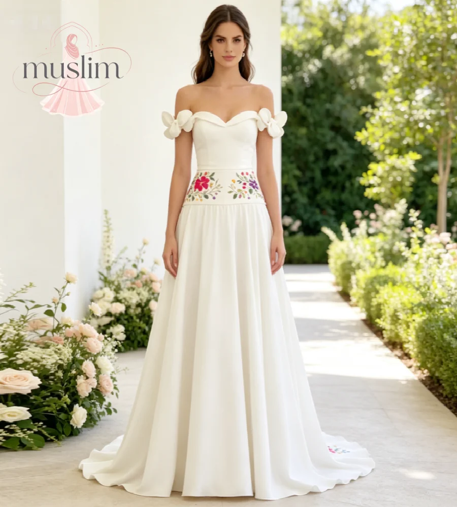 Glam Boho Colorful Mexican Wedding Dress 2026 Civil Off Shoulder 3DFlorals Garden Bride Dresses Satin Bohemian Rustic Gypsy