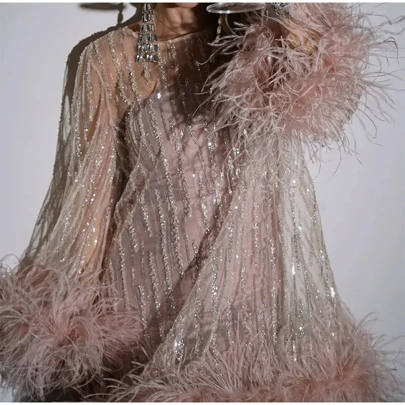 Women's Casual Dresses Women's Clothes Wholesale Pink Party Dress Short Dress Glitter Sequined Ostrich Horn Sleeve Dress