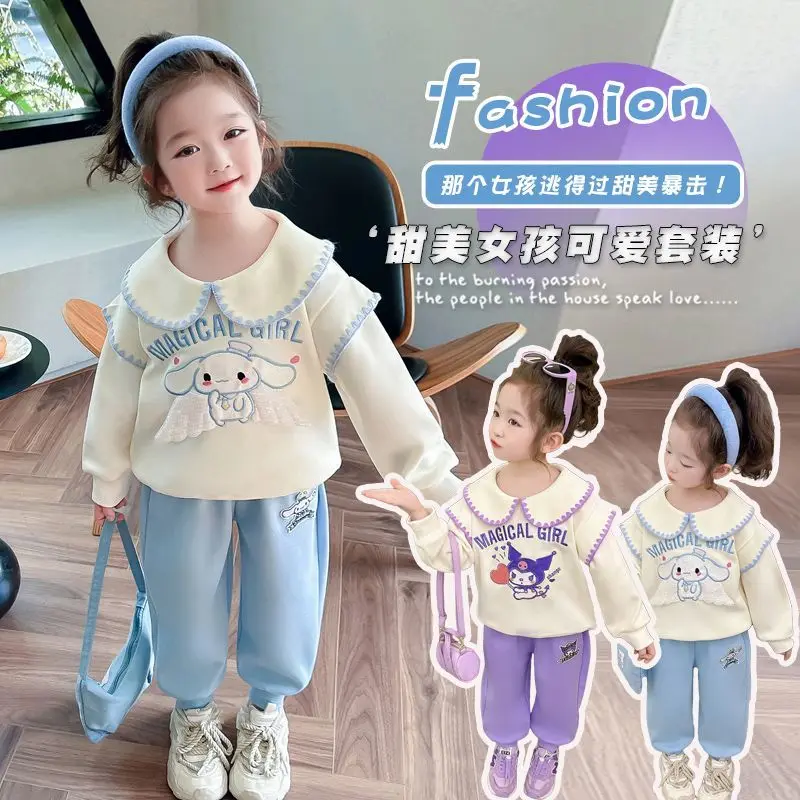 Children's Clothes Suit Spring Autumn Anime Sanrios Kuromi Sweater Sweatpants Casual Kawaii Cinnamoroll Girl Princess Style Suit