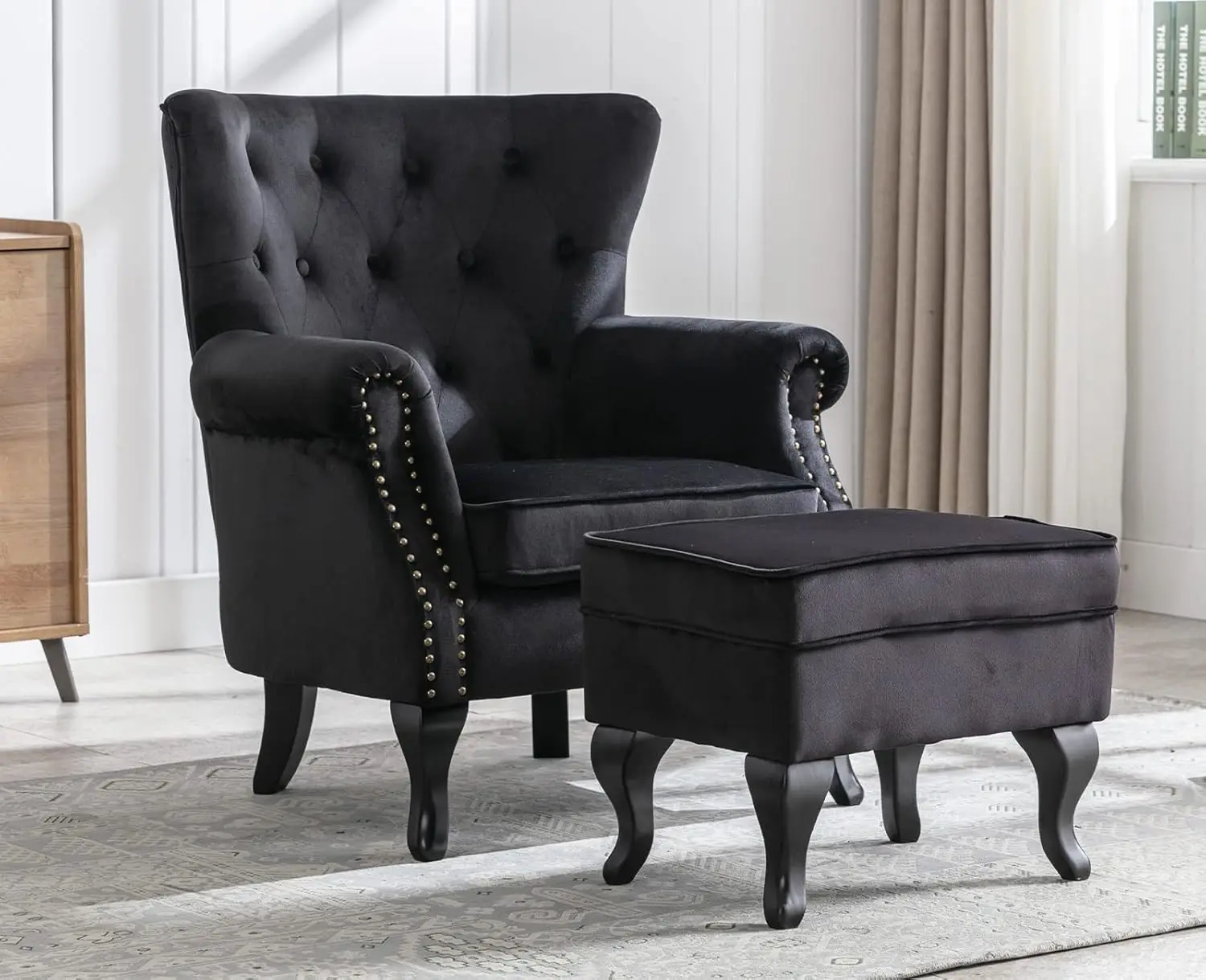 Velvet Club Chair Tufted Throne Chair Mid Century Accent Wingback Chair with Ottoman Padded Seating Wood Legs Black