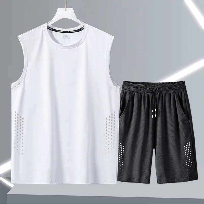 

Men's Summer 2 Piece Set Vest Shorts Ice Silk Cool Feeling Thin Breathable Quick Dry Mesh