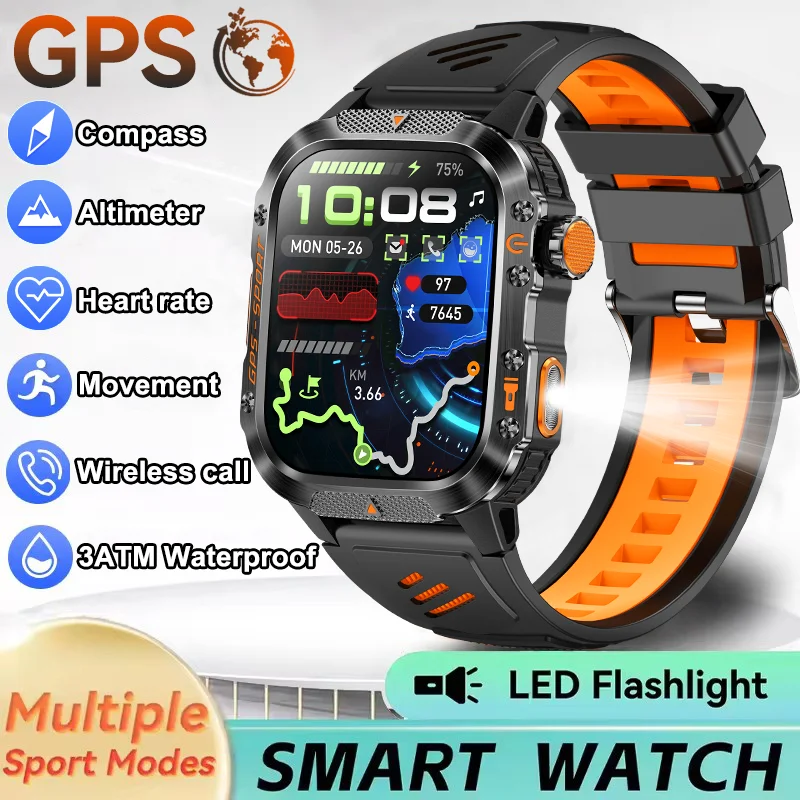 

2025New Men Military GPS Smart Watch Flashlight Compass Altimeter HD Bluetooth Call Heart Rate 3ATM Waterproof Sports Smartwatch